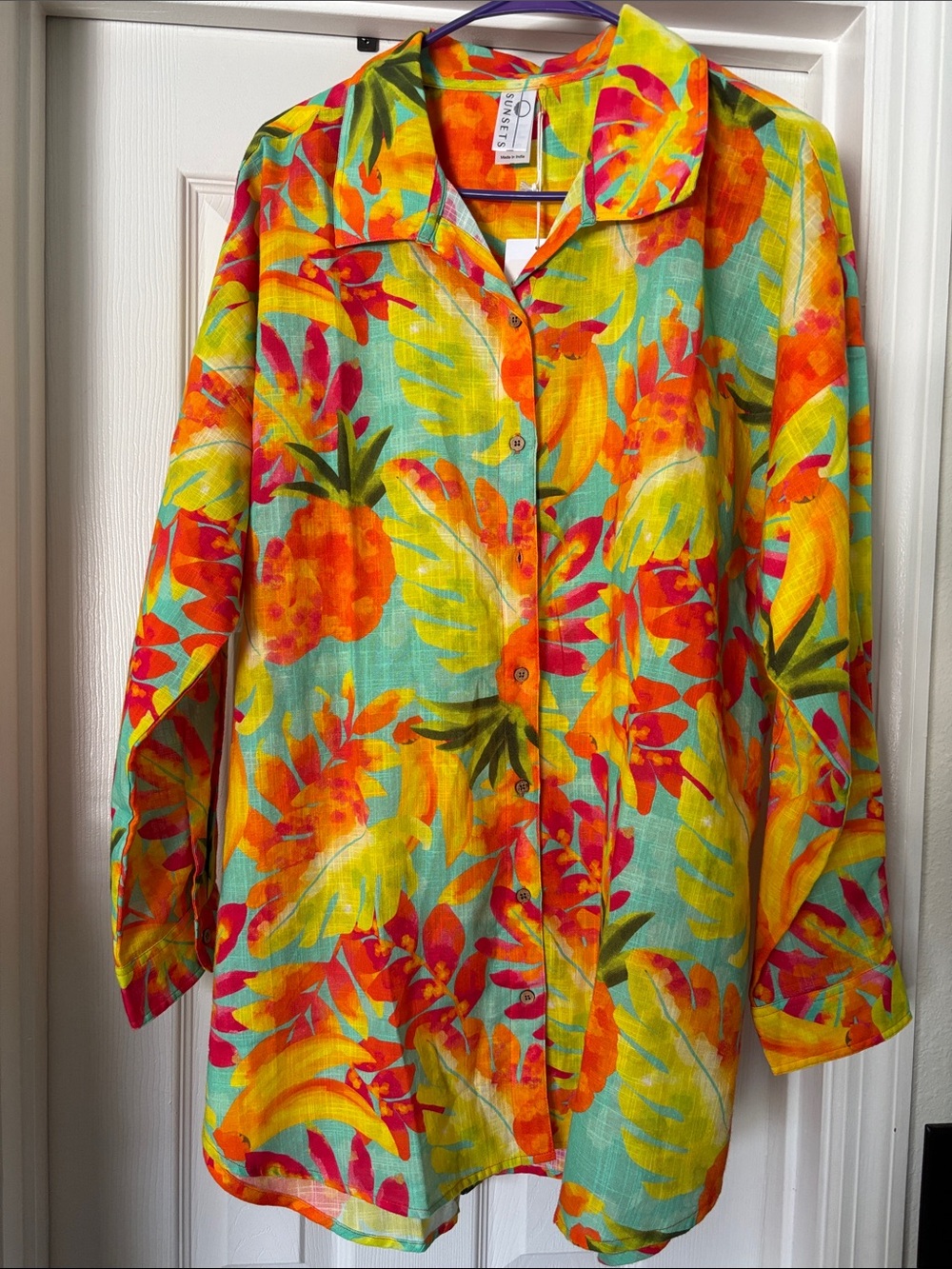Sunsets Delilah Tropical Floral Button-Up Shirt in Aqua,Yellow& Orange Lush Luau